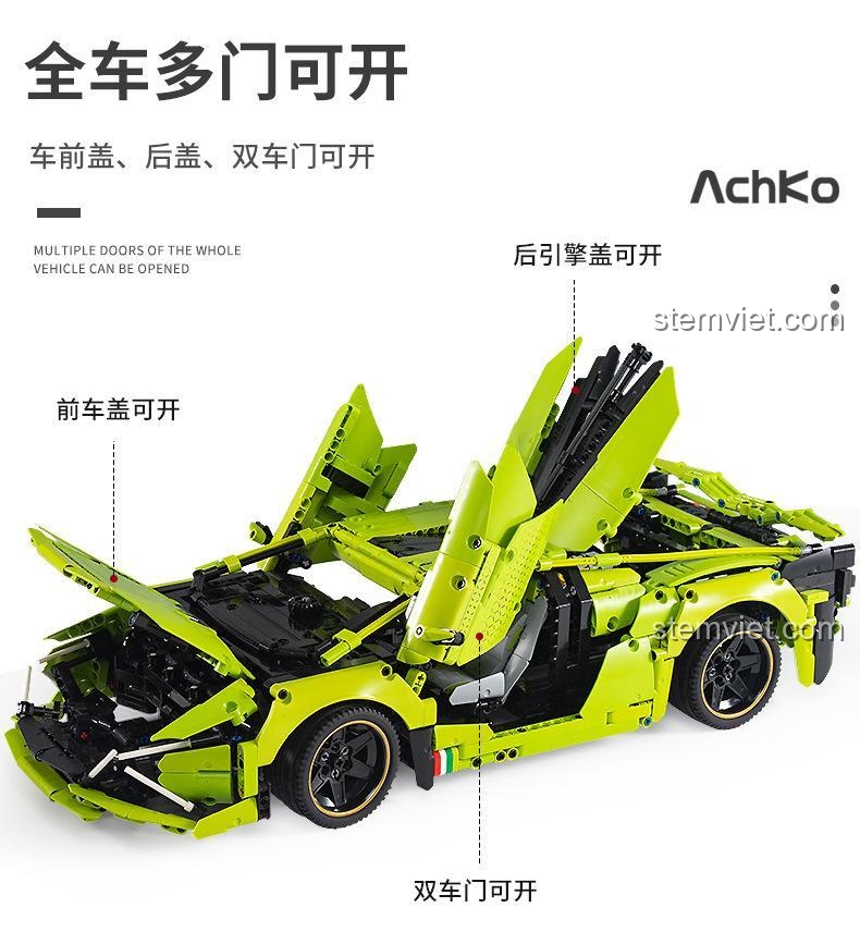 Chi tiết các bộ phận có thể mở của Hypercar Lamborghini Sián 30002, bao gồm nắp capo trước, sau và cửa cắt kéo.