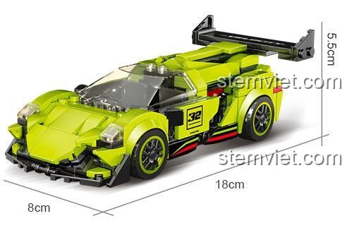 Kích thước chi tiết của đồ chơi mô hình Xe đua Lamborghini Veneno 50013, dài 18cm, rộng 8cm, cao 5.5cm.