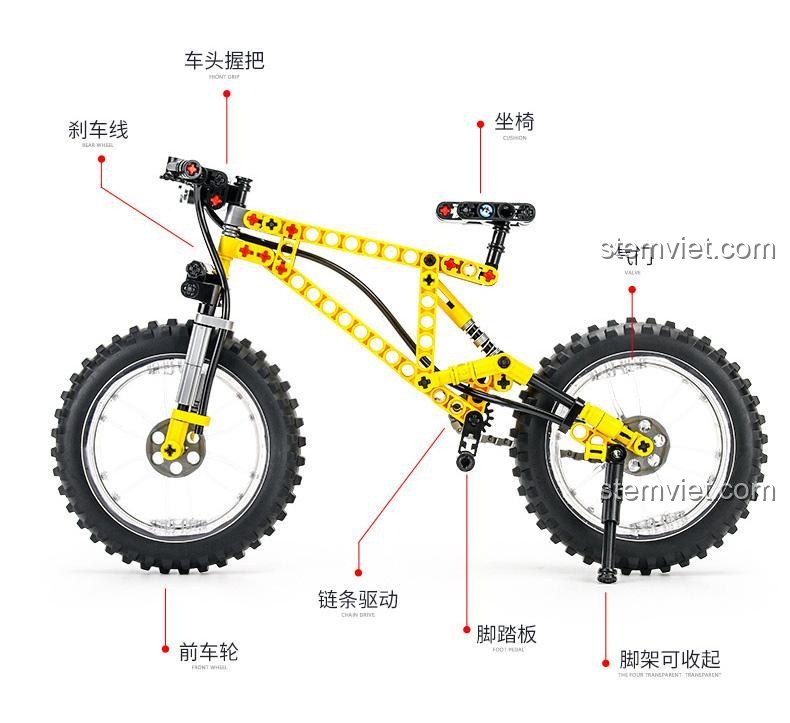 Mô hình xe đạp địa hình AchKo 50017 với các tính năng nổi bật như phanh, xích truyền động, chân chống, đồ chơi lắp ghép cho bé trai.