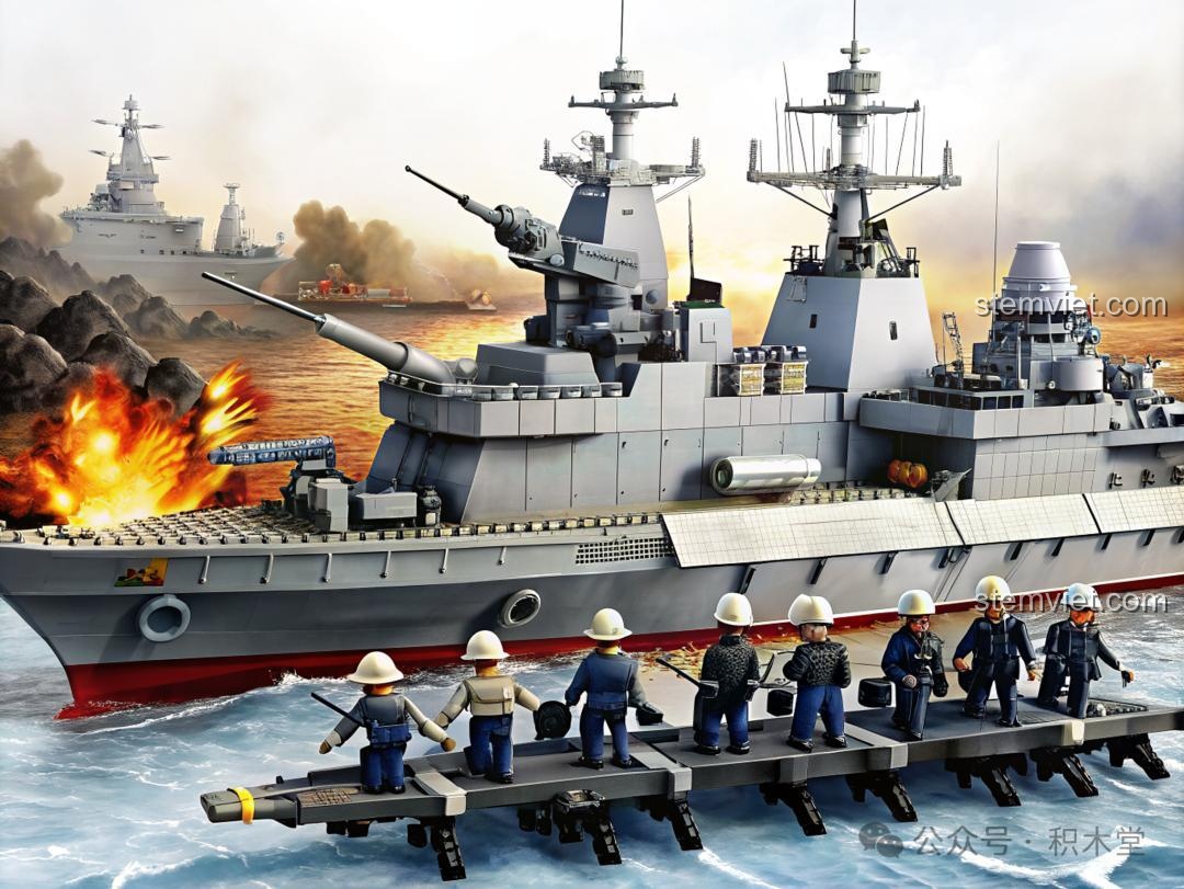 Ảnh nghệ thuật mô tả một trận hải chiến với mô hình Tàu chiến GUDI 8028, khơi gợi trí tưởng tượng.