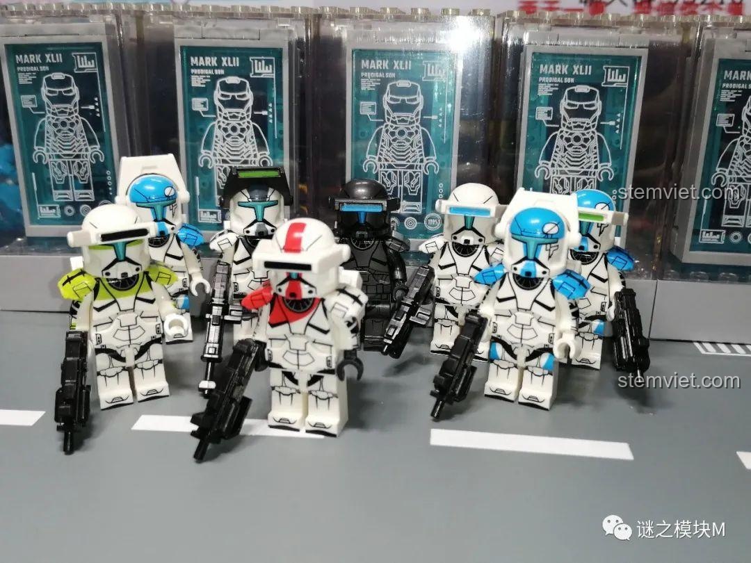 Ảnh chụp nhóm toàn bộ 6 minifigure trong set Koruit KT1048, một bộ đồ chơi Đội đặc nhiệm Cộng hòa siêu tiết kiệm.