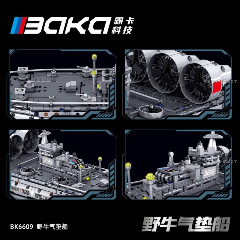 Các chi tiết cận cảnh của đồ chơi mô hình BAKA BK6609, bao gồm đài chỉ huy, súng và hệ thống quạt đẩy.