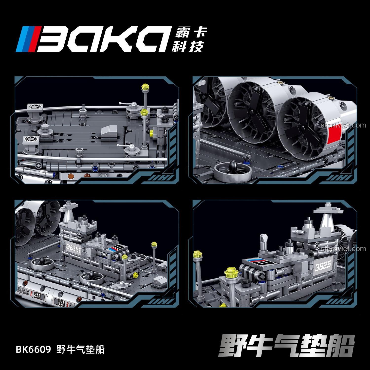 Các chi tiết cận cảnh của đồ chơi mô hình BAKA BK6609, bao gồm đài chỉ huy, súng và hệ thống quạt đẩy.