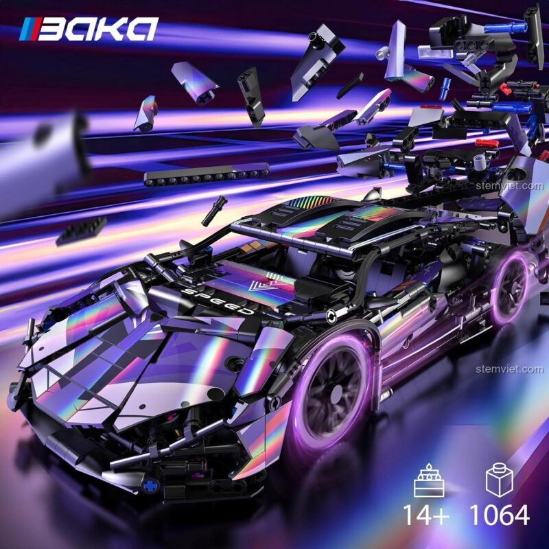 Mô hình Lamborghini Sián 33012 Baka Technology thể hiện chi tiết hệ thống lái liên kết, cửa cắt kéo và động cơ, mang lại trải nghiệm lắp ráp chân thực cho bé trai 14 tuổi.