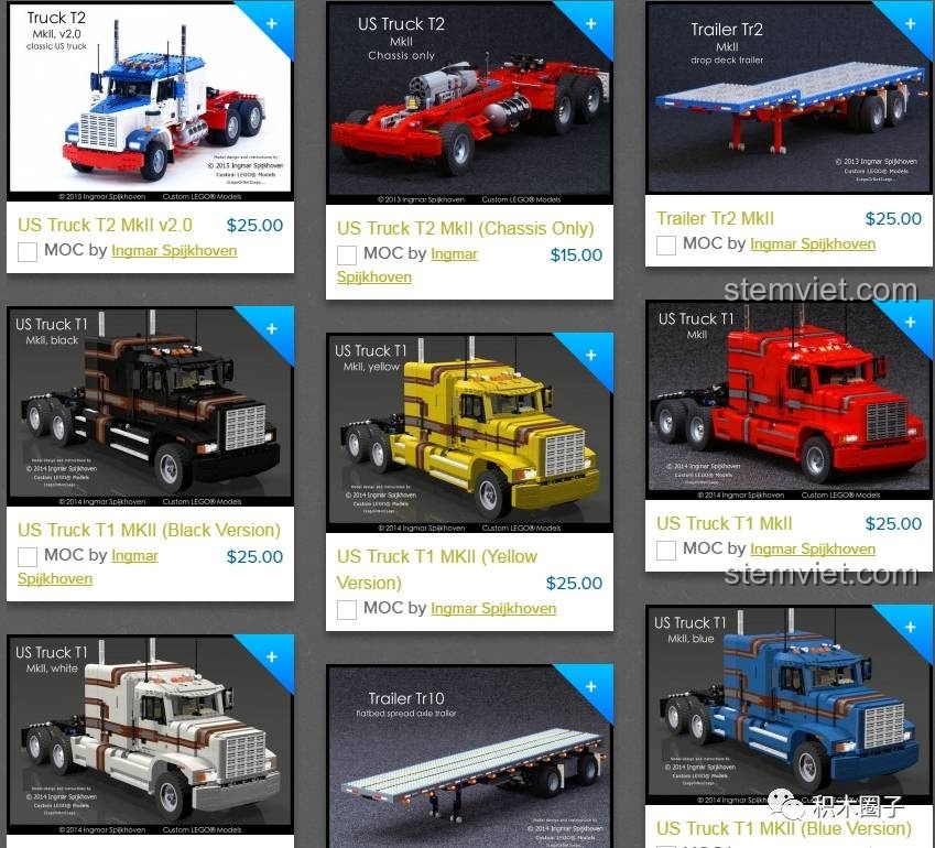 Ảnh chụp màn hình website bán bản vẽ các mô hình xe tải MOC của Ingmar Spijkhoven với giá bằng đô la Mỹ.