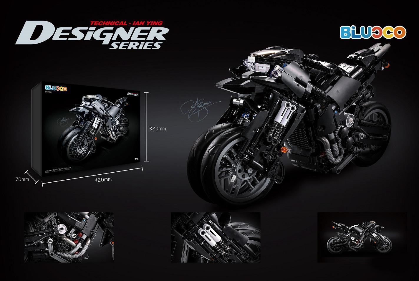 Bộ lắp ráp Mô tô Kỵ Sĩ Bóng Đêm The Predator BLUOCO BA11802 cho bé trai 6 tuổi, thể hiện kích thước hộp và mô hình, giá tốt.