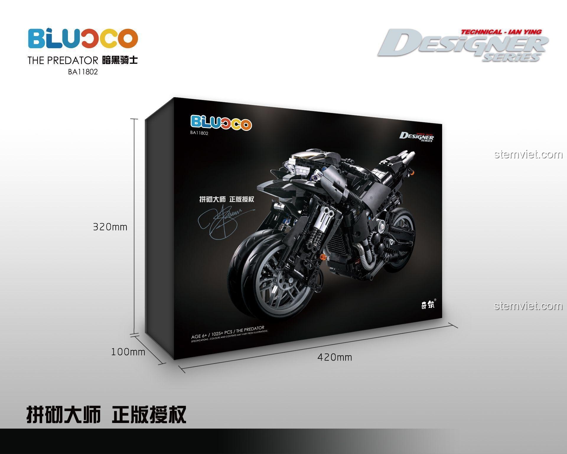 Đồ chơi mô hình BLUOCO BA11802 Mô tô The Predator, ảnh hộp chính diện, phù hợp bé trai 6 tuổi, chất lượng cao.