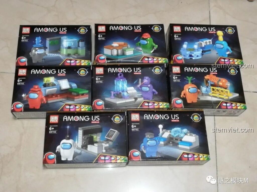 Bộ đồ chơi Among Us PRCK 69702: Toàn bộ 8 hộp nhỏ, mỗi hộp là một phi hành gia và cảnh mini độc đáo, hứa hẹn trải nghiệm lắp ráp thú vị.