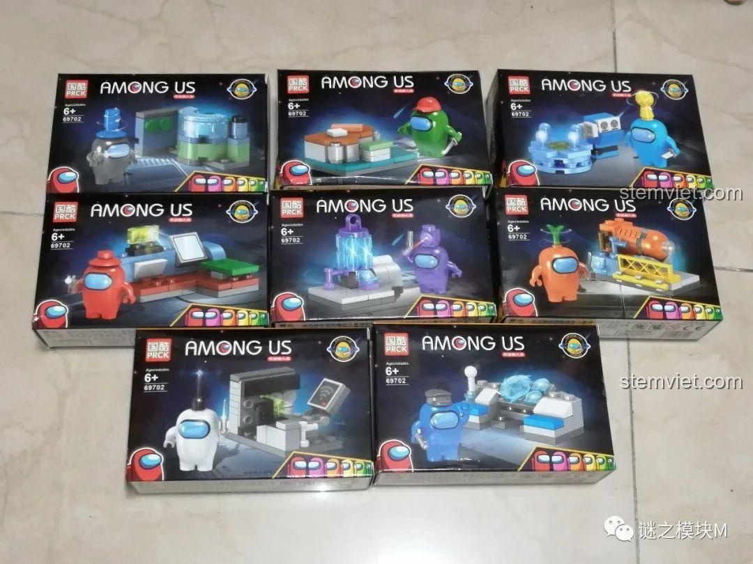 Bộ đồ chơi Among Us PRCK 69702: Toàn bộ 8 hộp nhỏ, mỗi hộp là một phi hành gia và cảnh mini độc đáo, hứa hẹn trải nghiệm lắp ráp thú vị.