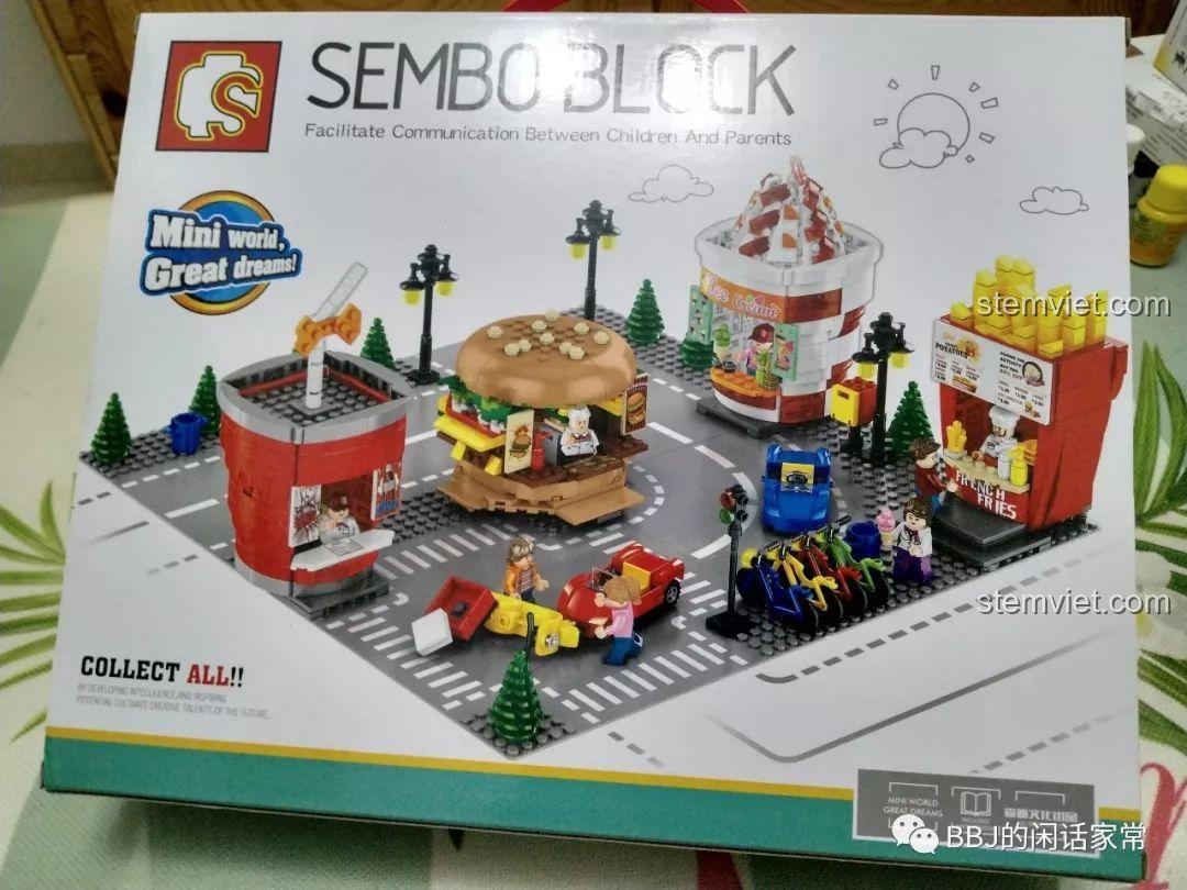 Mặt sau hộp bộ lắp ghép Cửa hàng đồ uống hình cốc Coca-Cola Sembo giá rẻ, giới thiệu các bộ khác trong series.