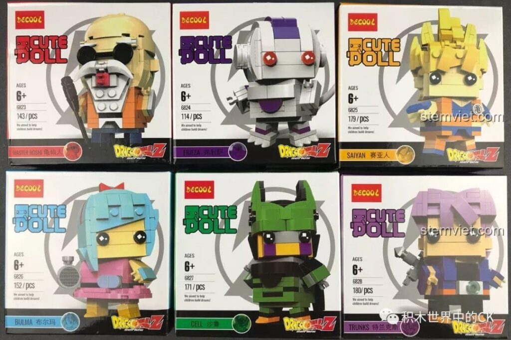 Toàn bộ hộp của bộ lắp ráp Decool 6823-6828 Dragon Ball Cute Doll, gồm 6 nhân vật huyền thoại cho bé.