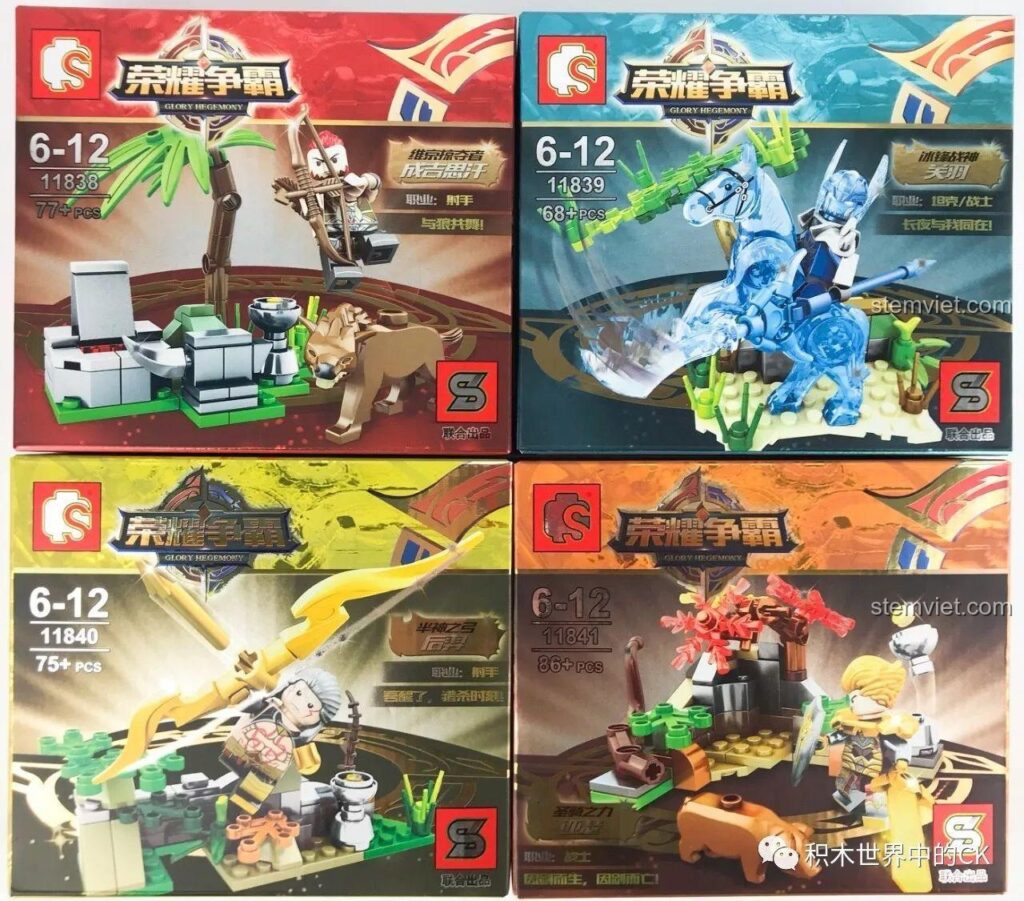 Ảnh chụp 4 hộp của bộ lắp ráp Sembo 11838-11841, mỗi hộp là một cảnh game Vương Giả Vinh Diệu với các nhân vật khác nhau.