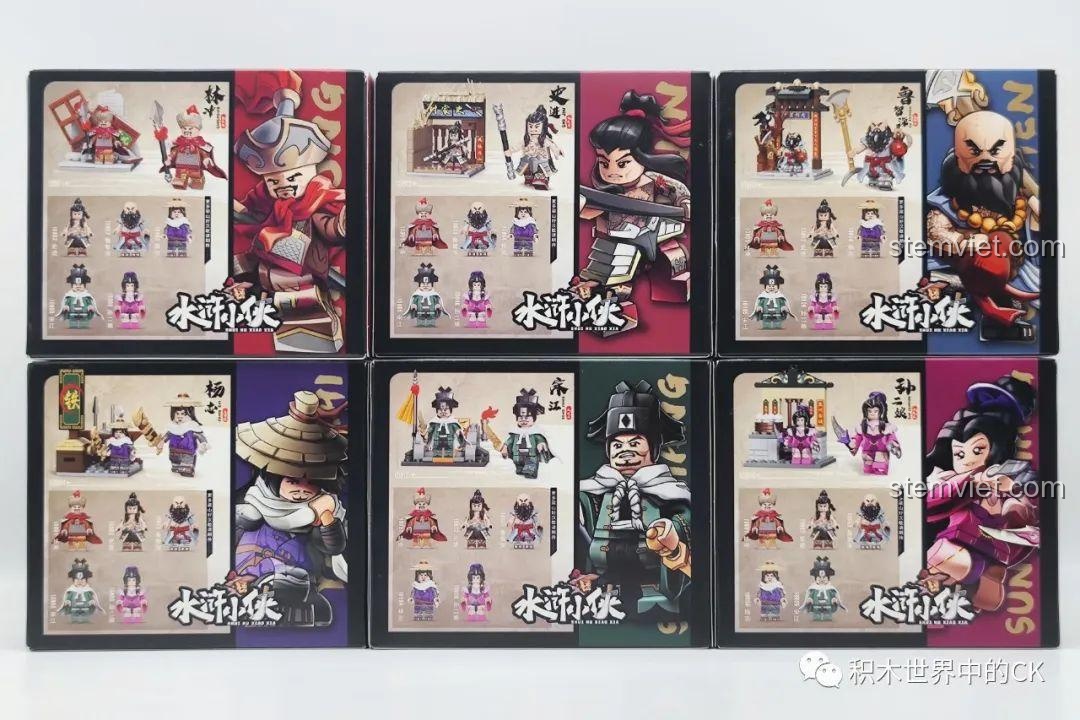 Mặt sau bộ hộp đồ chơi lắp ráp Decool Thủy Hử Tiểu Hiệp, hiển thị các chi tiết nhân vật và phụ kiện đi kèm.