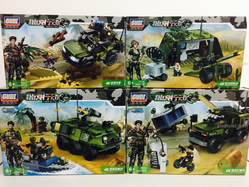 Toàn cảnh 4 hộp của bộ đồ chơi GUDI Tiger Action, một lựa chọn đồ chơi xây dựng GUDI Tiger Action tiết kiệm cho bé.