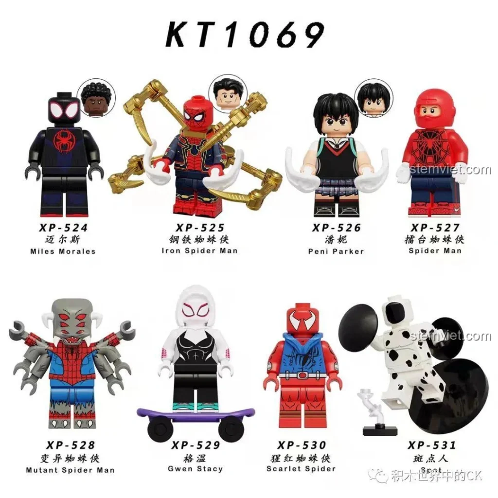 Bộ sưu tập 8 minifigure KORUIT KT1069 Người Nhện: Du Hành Vũ Trụ với các nhân vật Miles Morales, Iron Spider-Man, Peni Parker, Ring Spider-Man, Mutant Spider-Man, Gwen Stacy, Scarlet Spider, Spot.