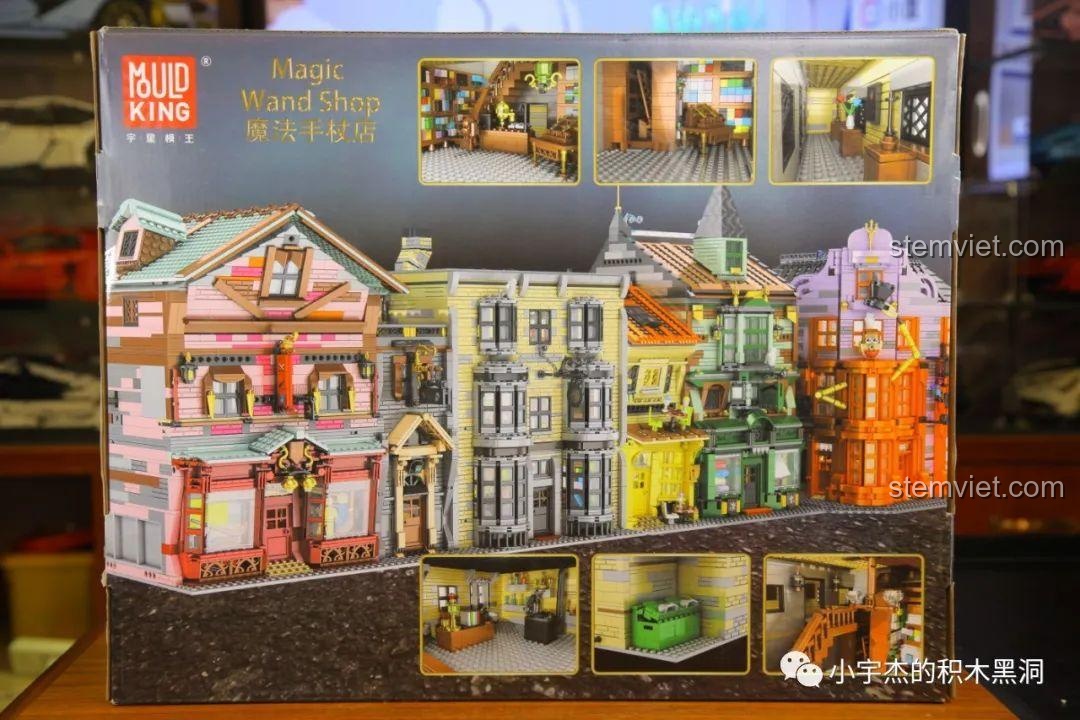 Mặt sau hộp Mould King 16038 trưng bày toàn bộ các set trong series Mô hình Hẻm Xéo.