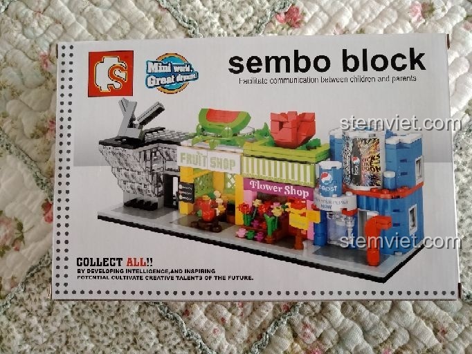 Mặt sau hộp đồ chơi mô hình Sembo xịn giá rẻ, giới thiệu các mẫu khác trong bộ sưu tập phố xá mini.