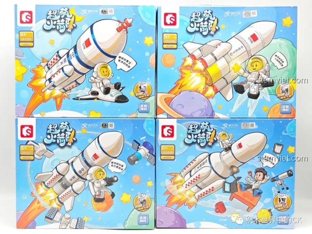 Hình ảnh bốn hộp đồ chơi lắp ráp Sembo Tên Lửa Siêu Đáng Yêu, mỗi hộp một chủ đề không gian khác nhau cho bé trai 6 tuổi.