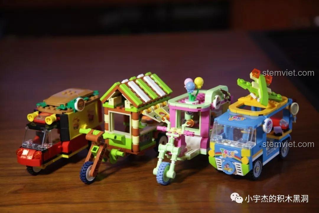 Góc nhìn khác của 4 mô hình Xe bán hàng rong mini Sembo, thể hiện sự đa dạng và màu sắc.