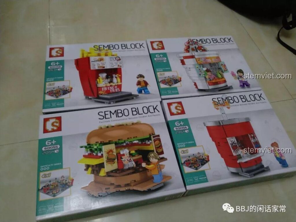 Trọn bộ bốn set lắp ráp cửa hàng đồ ăn nhanh của Sembo gồm hamburger, khoai tây chiên, và nước ngọt, phù hợp cho bé 6 tuổi.