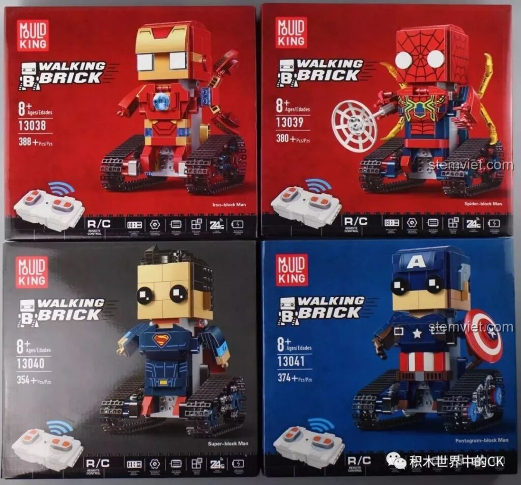 Hộp của bốn bộ đồ chơi robot bánh xích siêu anh hùng Mould King Walking Brick 13038-13041, gồm Iron Man, Spider-Man, Superman và Captain America.