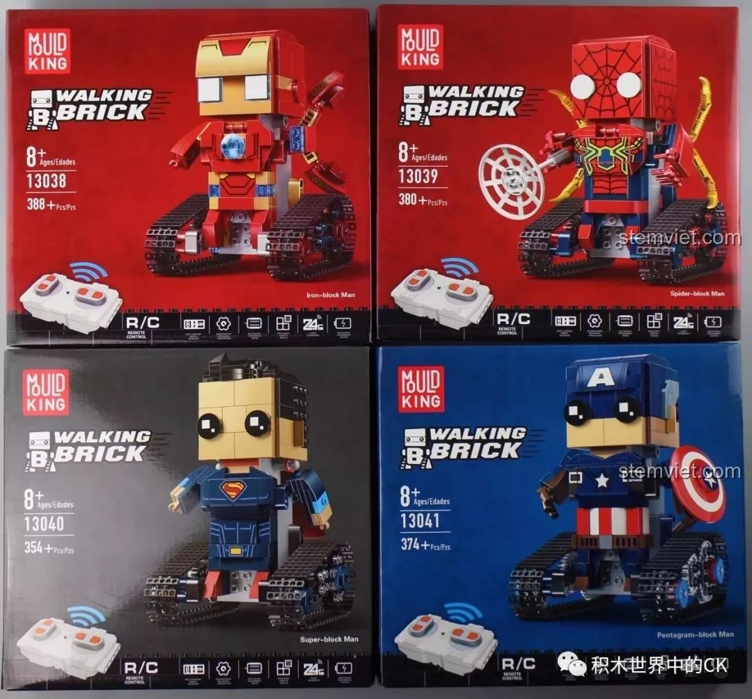 Hộp của bốn bộ đồ chơi robot bánh xích siêu anh hùng Mould King Walking Brick 13038-13041, gồm Iron Man, Spider-Man, Superman và Captain America.