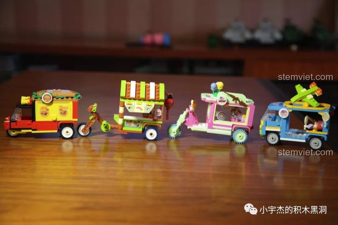 Ảnh chụp cả 4 mô hình Xe bán hàng rong mini Sembo 601204-601207 xếp cạnh nhau, một bộ sưu tập hoàn chỉnh.