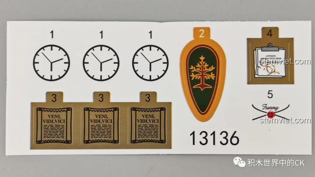 Tấm sticker đi kèm trong bộ xếp hình Cửa Hàng Sưu Tầm Đồ Cổ Mould King 16005.