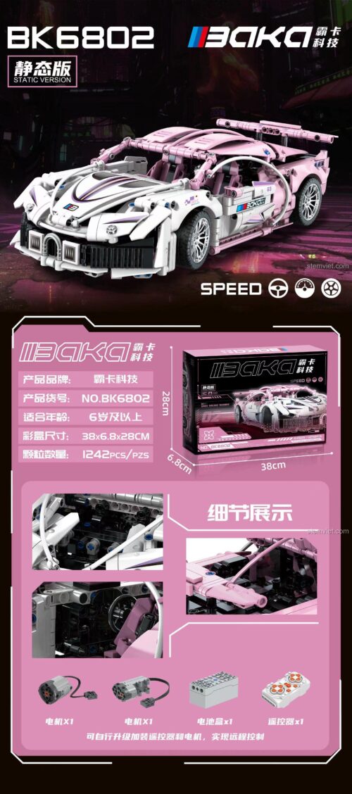 Hộp và chi tiết của đồ chơi mô hình BOKAI 6802, xe đua Bugatti Chiron, có thể nâng cấp điều khiển từ xa.