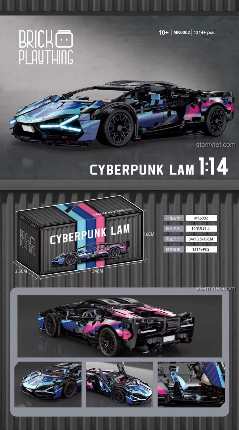 Kích thước bộ lắp ráp Brick Plaything MK6002 Lamborghini Sián FKP 37 Cyberpunk, 1314 mảnh ghép, tỉ lệ 1:14, đồ chơi lắp ráp cho bé trai 6 tuổi