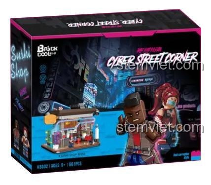 Hộp bộ đồ chơi BrickCool KS002 Cửa hàng Sushi Góc Phố Cyber, đồ chơi lắp ráp kiến trúc cyberpunk 661 mảnh, phù hợp bé trai bé gái 6 tuổi.