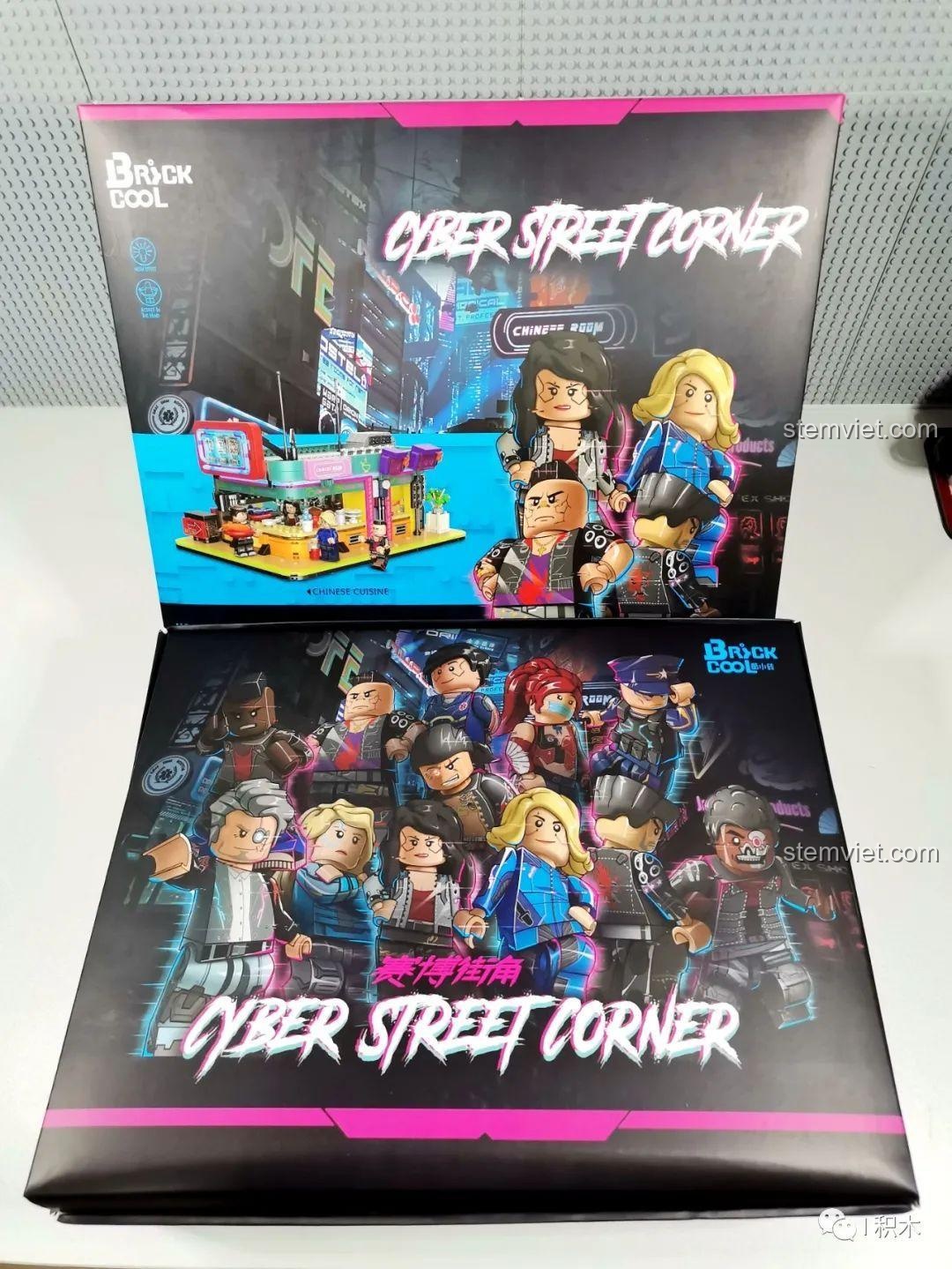 Hộp sản phẩm BrickCool KS003 Nhà hàng Trung Hoa Cyberpunk mở ra, cho thấy thiết kế bao bì ấn tượng, bộ lắp ghép kiến trúc cyberpunk đáng mua.