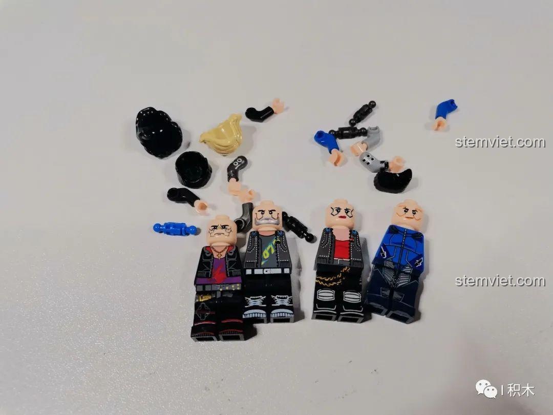 Các minifigure của bộ BrickCool KS003 Nhà hàng Trung Hoa Cyberpunk, đồ chơi mô hình góc phố cyberpunk, với trang phục độc đáo, sẵn sàng cho cuộc sống đêm.