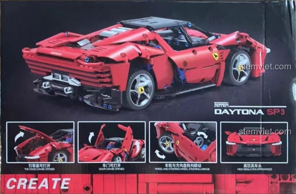 Các tính năng của bộ lắp ráp Xe đua Ferrari Daytona SP3 Buruco, bao gồm cửa cánh bướm và vô lăng xoay.
