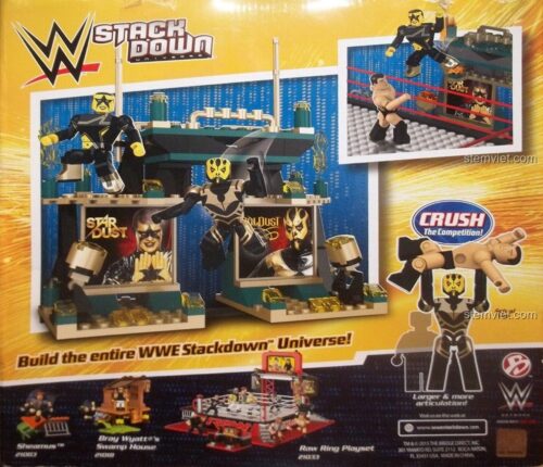 Mặt sau hộp bộ xếp hình C3 21071 Võ đài đô vật Stardust và Goldust. Cho thấy các figure cử động linh hoạt và các bộ khác trong series.