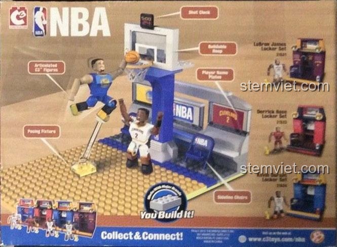 Mô tả tính năng của đồ chơi mô hình Trận đấu bóng rổ 1v1 C3 21533, bao gồm giá đỡ tạo dáng và figure có khớp nối.