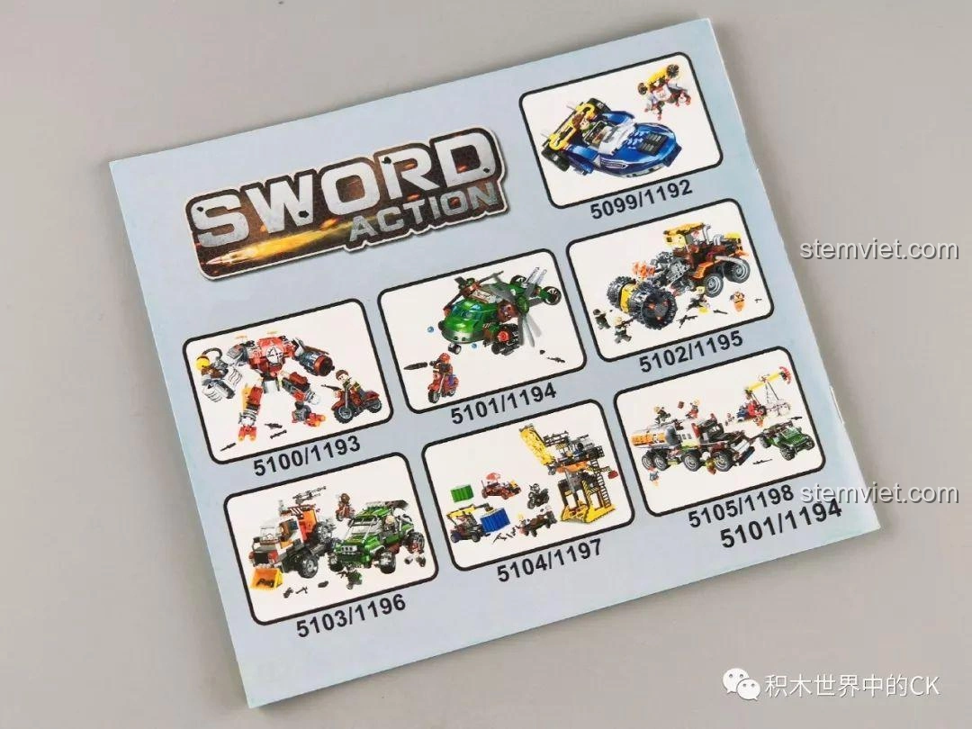 Trang giới thiệu các mẫu khác trong series 'Sword Action' của Winner, bao gồm các bộ 5099, 5100, 5102, 5103, 5104, 5105.