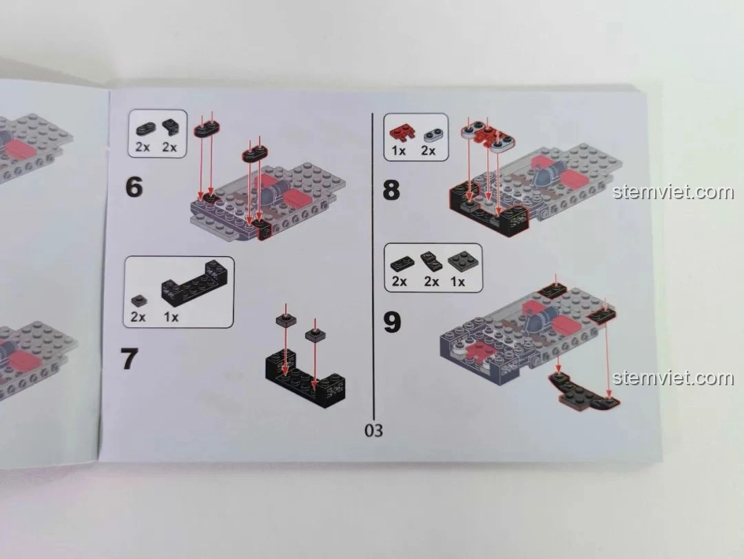 Trang hướng dẫn lắp ráp xe Pinbo PB8801 Shadow Sprinter với các bước từ 6 đến 9, minh họa cách lắp các chi tiết nhỏ.