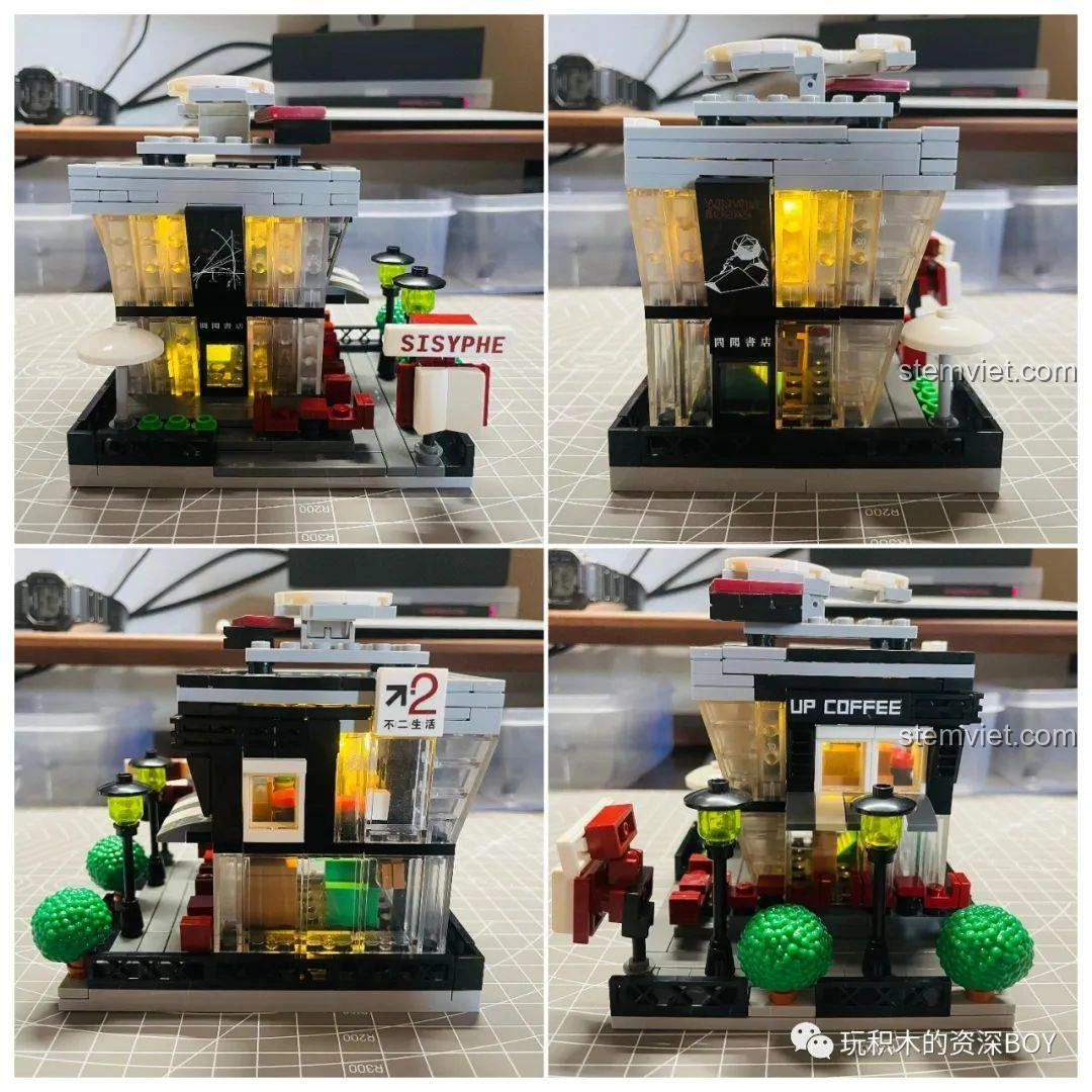 Tổng hợp bốn góc nhìn khác nhau của mô hình hiệu sách Winwill Books SEMBO 601151, thể hiện sự tỉ mỉ trong thiết kế.