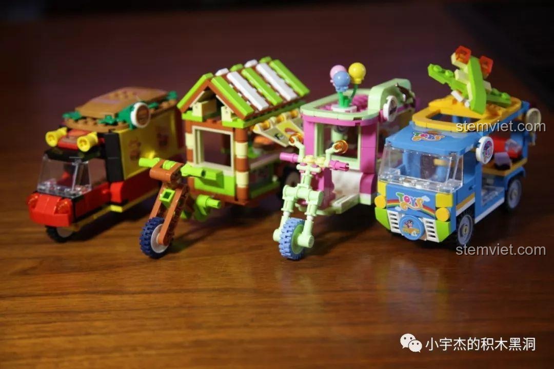 Cả 4 mô hình Xe bán hàng rong mini Sembo được sắp xếp theo một hàng ngang, khoe trọn thiết kế.