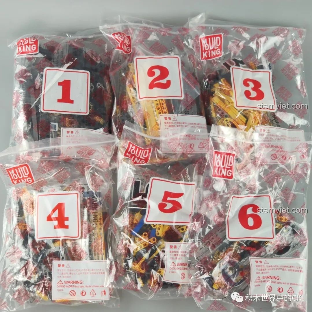 Các túi chi tiết được đánh số từ 1 đến 6 của bộ đồ chơi xây dựng Máy xúc bánh xích 13112.