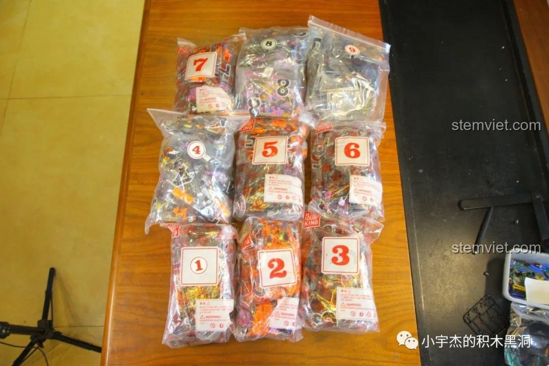 Toàn bộ 9 túi gạch được đánh số của bộ lắp ráp Cửa Hàng Phù Thủy Ranh Mãnh Của Weasley.