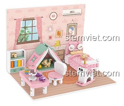 Mô hình phòng ngủ mini xinh xắn từ bộ lắp ráp Phòng ngủ mini CACO, quà tặng sáng tạo cho bé gái.
