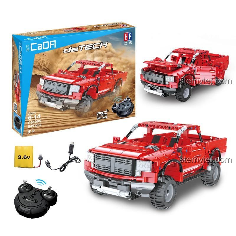 Bộ lắp ráp CaDA C51005 Xe Bán Tải Đỏ điều khiển từ xa, bao gồm xe, remote và pin sạc, đồ chơi chất lượng cao cho bé trai 6 tuổi.
