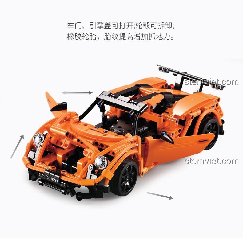 Mô tả các tính năng có thể cử động của Porsche 918 Spyder C51051: cửa mở, nắp capo mở, bánh xe có thể tháo rời.