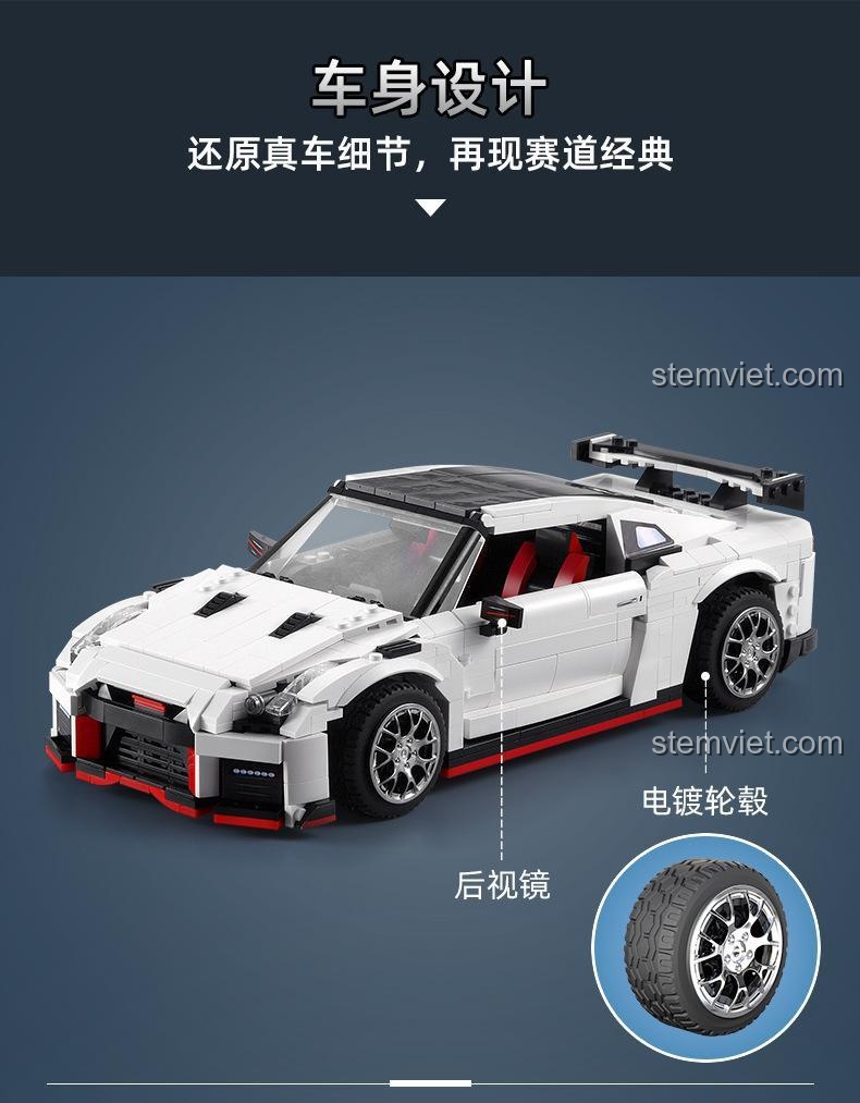Mô hình lắp ráp Nissan GTR R35 C61020 với các bộ phận mở được: nắp capo, cửa, cốp sau, động cơ VR38, đèn xe, đồ chơi lắp ráp chi tiết.