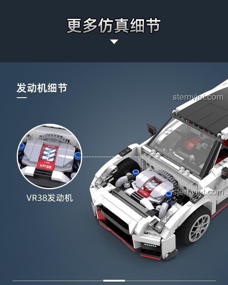 Nội thất chi tiết của mô hình CaDA C61020 Nissan GTR R35 với bảng điều khiển, vô lăng, cần số, phanh tay và ghế đua, đồ chơi mô hình chất lượng cao.