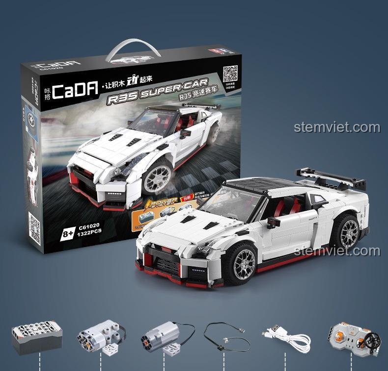 Hộp đồ chơi lắp ráp CaDA C61020 Nissan GTR R35, giới thiệu tính năng nâng cấp điều khiển từ xa và động cơ, đồ chơi mô hình chất lượng cao.