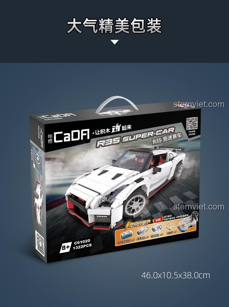 Mô hình lắp ráp Nissan GTR R35 Double Eagle C61020 mở cốp sau với bình nitơ, cửa và nắp capo mở, đồ chơi mô hình chi tiết cao.