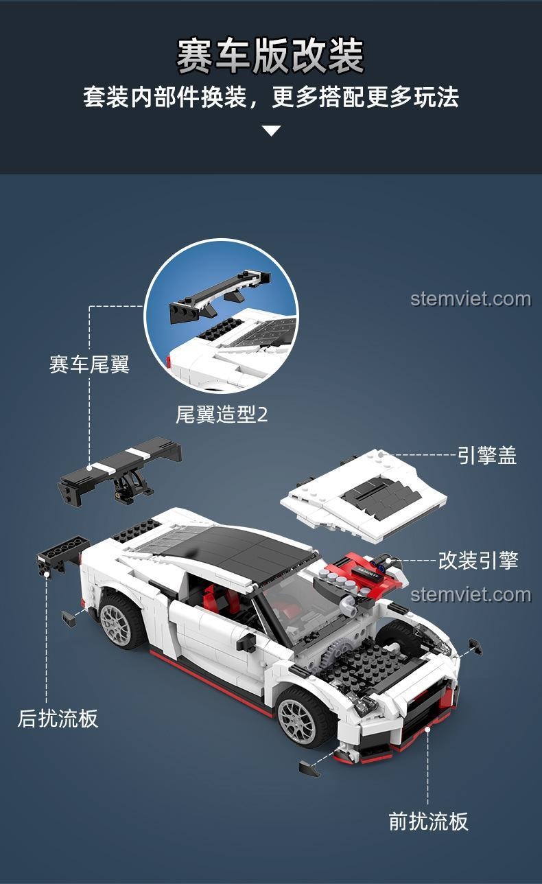 Hướng dẫn nâng cấp động cơ cho phiên bản đua của CaDA C61020 Nissan GTR R35, hiển thị các bộ phận điều khiển từ xa, đồ chơi mô hình có thể nâng cấp.